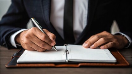 Obraz premium Close Up of Entrepreneur Writing Business Plan in Notebook