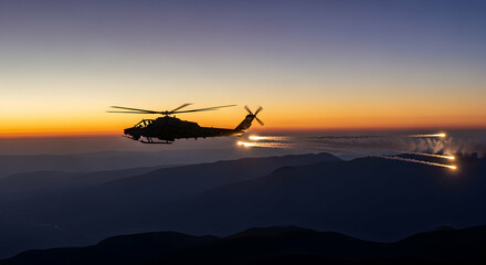 Military power: Helicopter firing flares at sunset
