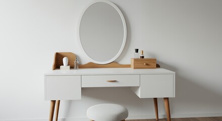 White wooden vanity with oval mirror