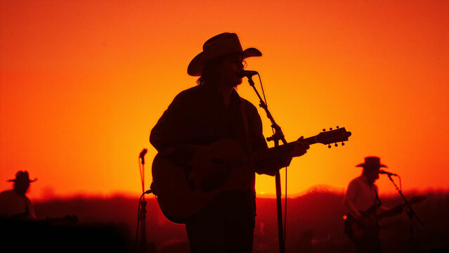 Silhouette of country music band at sunset
