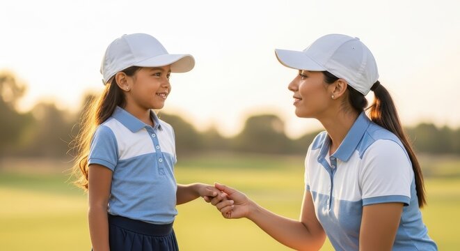 young hispanic girl and her mother in matching outfits on green course in summer. family bonding and sportsmanship. outdoor recreation, sports lifestyle. women's golf month