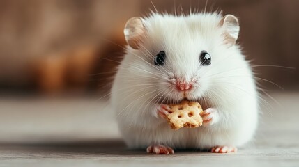 This delightful white hamster, holding a crunchy snack, brings joy with its adorable expression, making it an ideal subject for animal enthusiasts and charming pet-related themes.