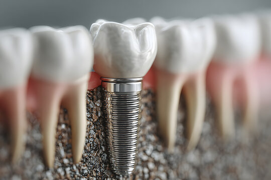 Dental implantation, teeth with implant screw, 3d illustration.