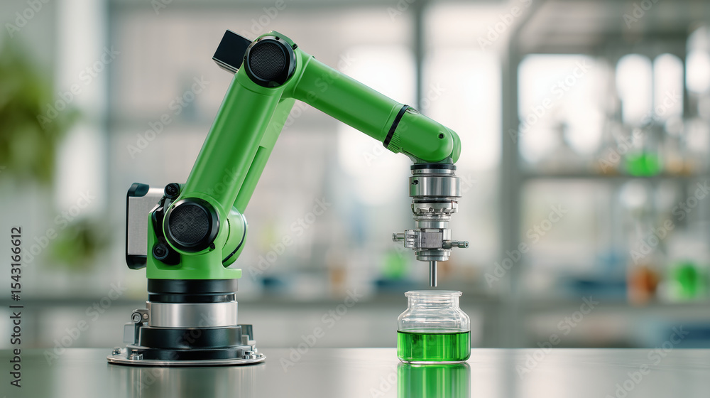 Poster a robotic arm with a green finish is positioned above a jar containing a green liquid.