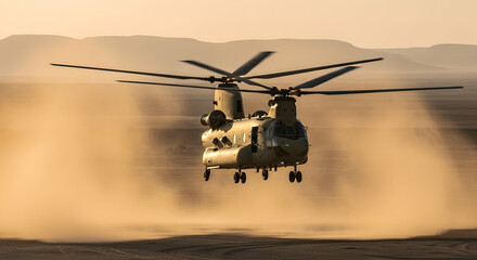 Military Chinook Helicopter in Desert Landscape