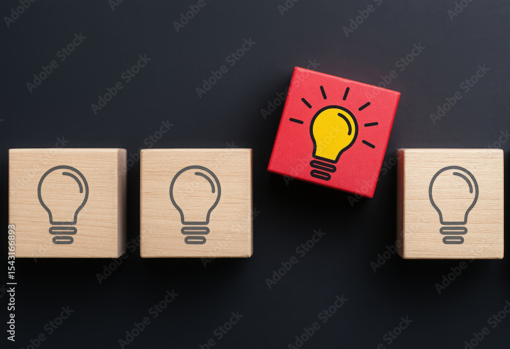 Poster innovative idea a red block with a light bulb stands out among others symbolizing creativity and uni