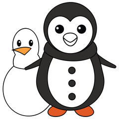 Cute cartoon penguins in love with a snowman, perfect for a funny winter holiday card illustration