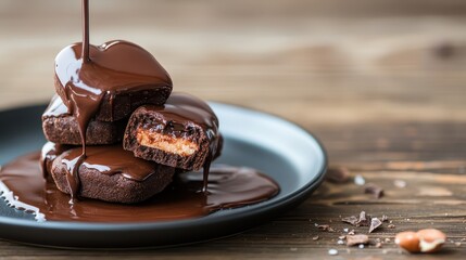 Delicious chocolate treats are stacked on a black plate with molten chocolate dripping down, evoking indulgence and rich flavors that adore pastry lovers everywhere.
