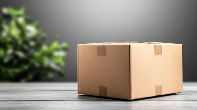 A plain brown cardboard box sits on a textured wooden table, illuminated by soft lighting, creating a serene and minimalist atmosphere suitable for packaging concepts.