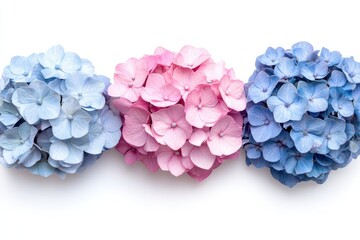 Delicate Hydrangea Blooms Pink Blue Flowers Beauty Floral Art Nature Scene on White Background. Generative Ai