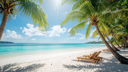 Tropical beach scene with palm trees and sunlight
