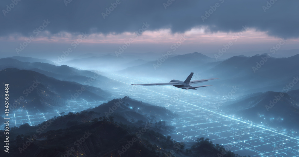 Poster a cargo aircraft is navigating through a digital representation of a landscape during twilight.