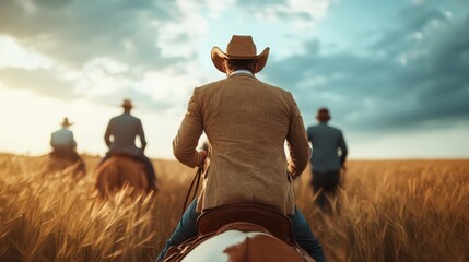 This stunning image portrays cowboys riding horses through expansive golden fields under a wide sky, capturing the essence of freedom and adventure in the great outdoors.