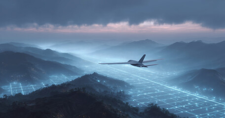A cargo aircraft is navigating through a digital representation of a landscape during twilight.
