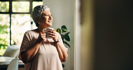 Remember, thinking or senior woman with tea in home for ideas, reflection or nostalgia. Decision,...