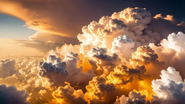 Towering cumulus clouds illuminated by warm sunlight creating a dramatic skyscape