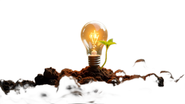 Creative concept illustration showing a glowing light bulb planted in soil with a green plant sprouting from it—symbolizing eco-innovation, sustainability, and green energy. Isolated on transparent ba
