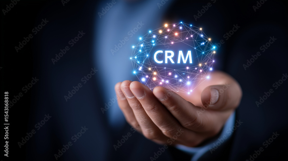Poster businessman managing crm network and customer data with teamwork
