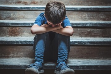 Grief-stricken boy hugging legs on staircase, crying silently, anti-bullying concept
