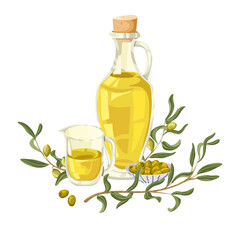 Vector illustration of olive oil bottle, olive oil pourer, olive branches and bowl of olives. Hand drawn cartoon composition for culinary, packaging, product branding, menu design, stickers