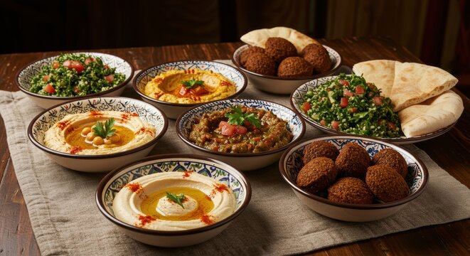 Delicious Middle Eastern Mezze Platter: Hummus, Baba Ghanoush, Tabbouleh, and Crispy Falafel with Pita Bread