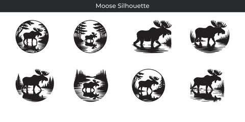 Beautiful moose silhouette vector illustrations in a variety of scenic natural landscapes.