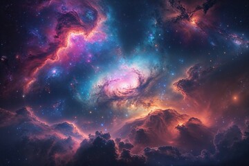 Naklejka premium Radiant Cosmic Vista Featuring Nebulas and Vibrant Hues of the Universe