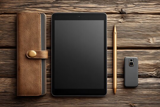 A Tablet Mockup With Stylus Resting Beside, Top-View, On A Wood-Textured Tabletop. Screen Is Empty And High-Resolution For App Or Ui Design Mockups.