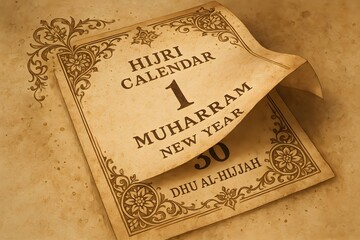 Vintage Hijri Calendar Displaying Muharram New Year on Aged Paper Texture