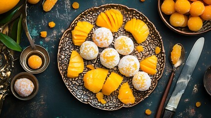 Plates with dried sweet mango slices and balls with knife and fruits