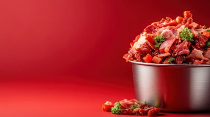 An enticing collection of assorted meats presented in a bowl against a red backdrop, showcasing a feast of flavors and the culinary arts with a vibrant and appetizing appeal.