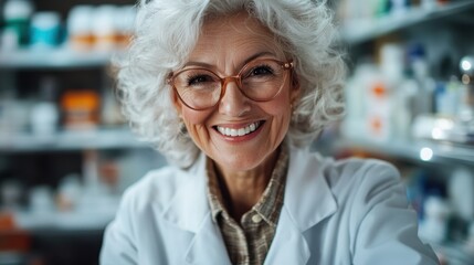 A joyful senior pharmacist with curly hair and glasses, radiating warmth and professionalism in a well-stocked pharmacy filled with health-related products.