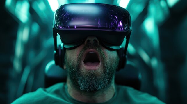 A man immersed in a thrilling virtual reality experience, showcasing the excitement and engagement that modern technology brings to entertainment and gaming worlds.