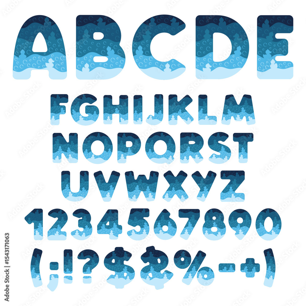 Fototapete Font, alphabet, letter, number from layers with toy ducks and bubbles. Isolated vector objects on white background.