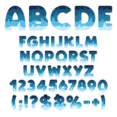 Font, alphabet, letter, number from layers with toy ducks and bubbles. Isolated vector objects on white background.