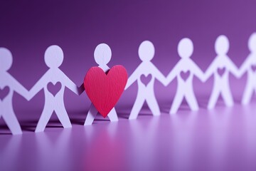 3D white paper cutout figures holding hands with heart cutouts, centered by a glowing red heart, on purple gradient background, symbolizing unity, love, empathy, community, and emotional connection