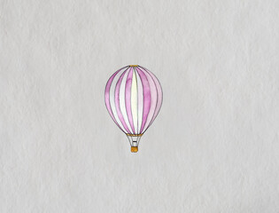 Illustration of a retro style hot air balloon, made with a watercolor effect on a white background. The image is ideal for creative projects, children's graphics or wall decorations.