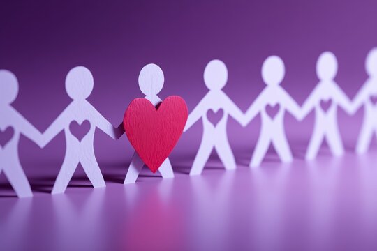 3D white paper cutout figures holding hands with heart cutouts, centered by a glowing red heart, on purple gradient background, symbolizing unity, love, empathy, community, and emotional connection