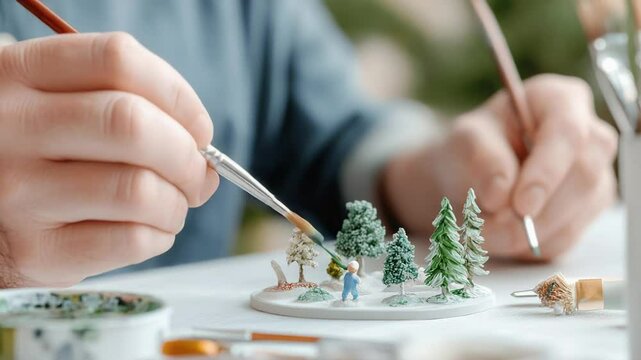 Artist painting miniature forest scene with tiny trees and figures