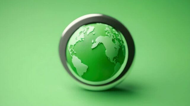Green earth globe silver frame against simple green background represents earth day, environment, and global awareness.
