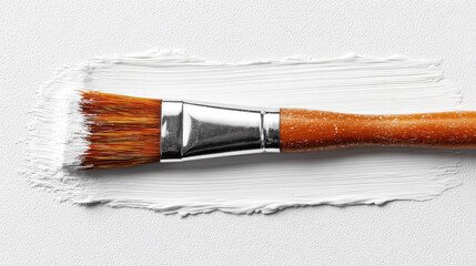 Paintbrush with wooden handle applying white paint textured surface