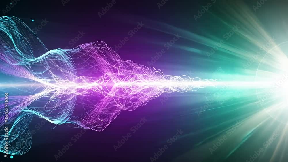 Poster abstract wave of particles with glowing light and purple teal gradient background in a modern style 
