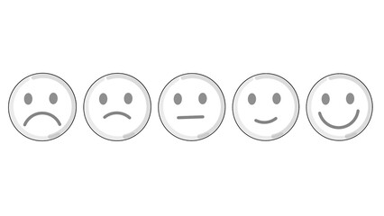 Five different face expressions for rating. Emoji style with transparent background. Feedback and emotion icons.