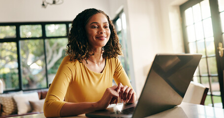 Research, laptop and woman in home with remote work on creative project with communication....