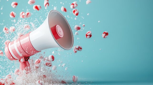 This dynamic image captures an exciting explosion of colorful candy emanating from a megaphone, merging playfulness with visual dynamics, creating a festive and vibrant atmosphere.