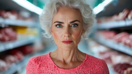 A confident older woman stands in the meat section of a grocery store, exuding elegance and grace while representing modern beauty and individuality.