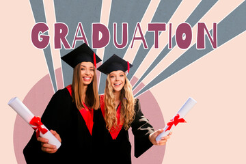 Trend artwork sketch design collage of two friends woman smile hand hold diploma wear uniform hat...
