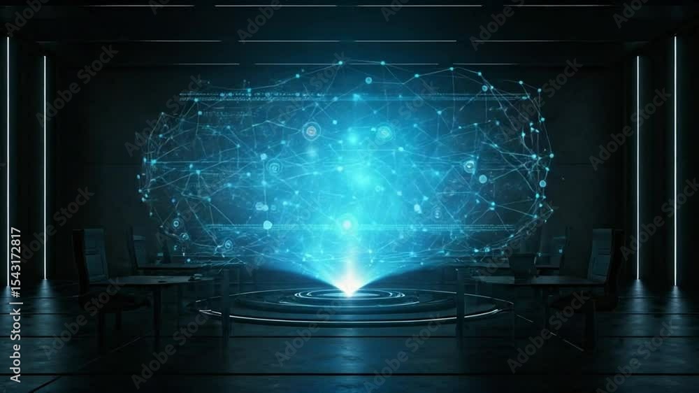 Aufkleber digital data network visualization floating in dark conference room with modern technology elements