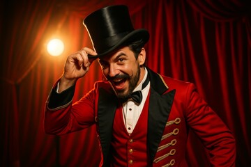Performer in a red and black suit tipping hat under stage lights in a vibrant setting with red curtains