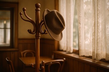 Elegant fabric hat resting on a vintage wooden hat rack in a cozy, sunlit room with lace curtains